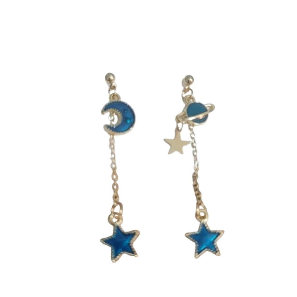 Celestial Blue Star and Moon Dangle Earrings Shimmering Blue Whimsical Cosmic